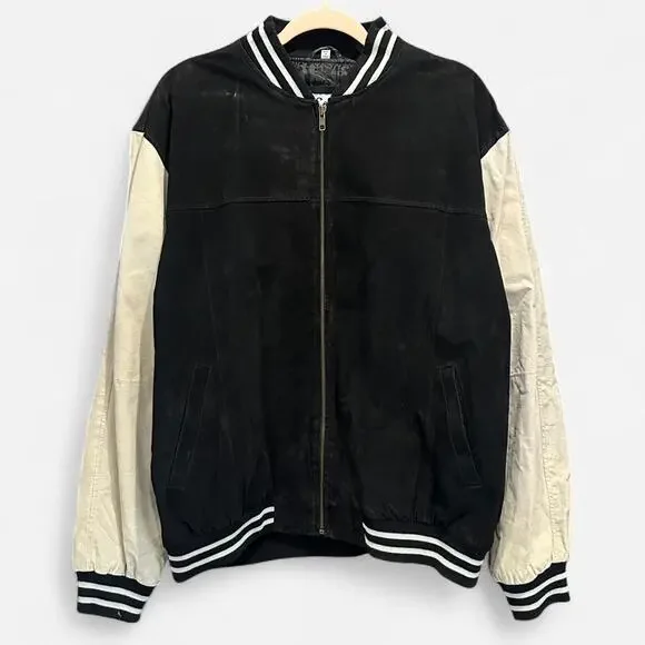 Vintage Cellini Genuine Suede Oversized Varsity Jacket In Black And Cream